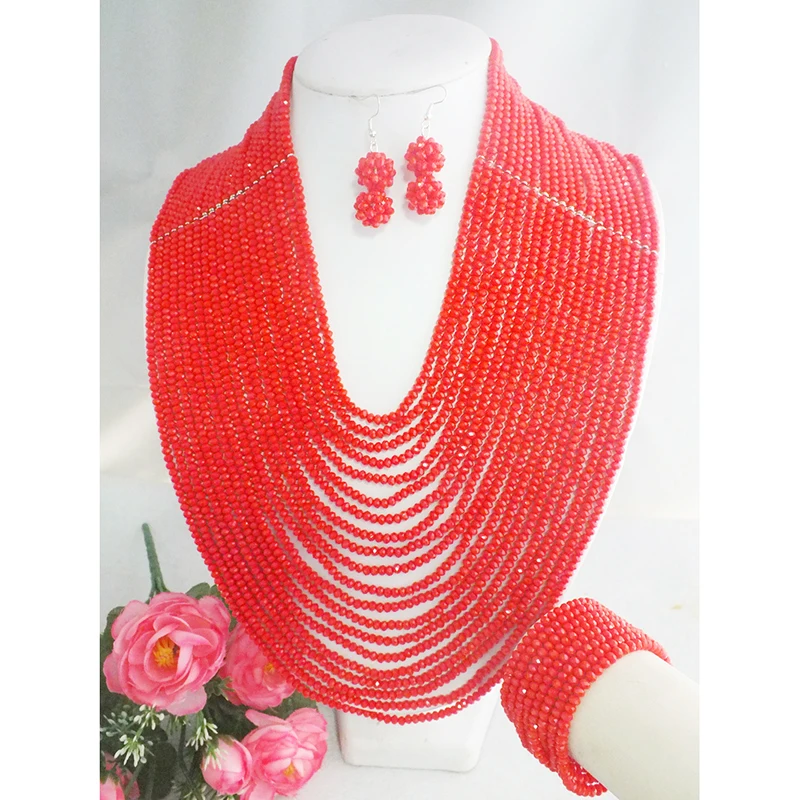 classic  Beautiful African Wedding Red Crystal Beads Nigerian Crystal Necklace Set