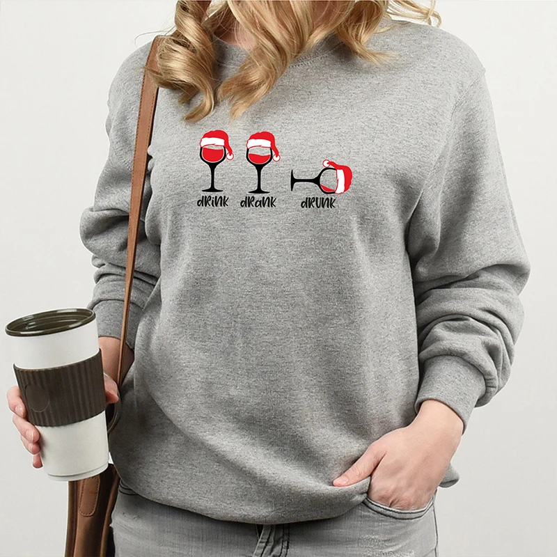 Drink Drank Drunk Funny Wine Merry Christmas Women Sweatshirt Long Sleeve Santa Claus Hoodies Cotton Holiday Clothes Female