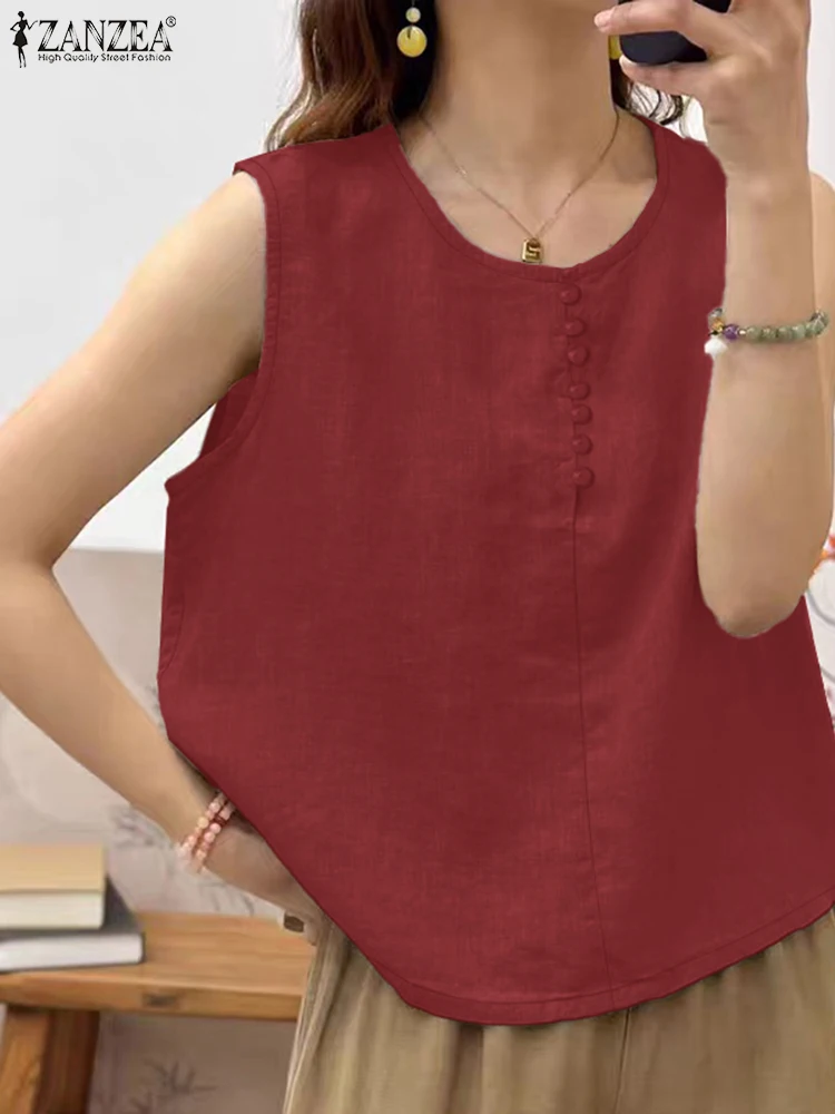 Mode Urlaub Tanks Tops ZANZEA Sommer Frauen Camis Ärmellose Solide Baumwolle Bluse Beiläufige Lose Hemd Strand Tunika Oversize 2025