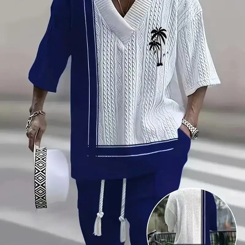 

Summer men's hot-selling V-neck jacquard set on the streets, high-quality heavyweight knitted sweater, 2-piece set