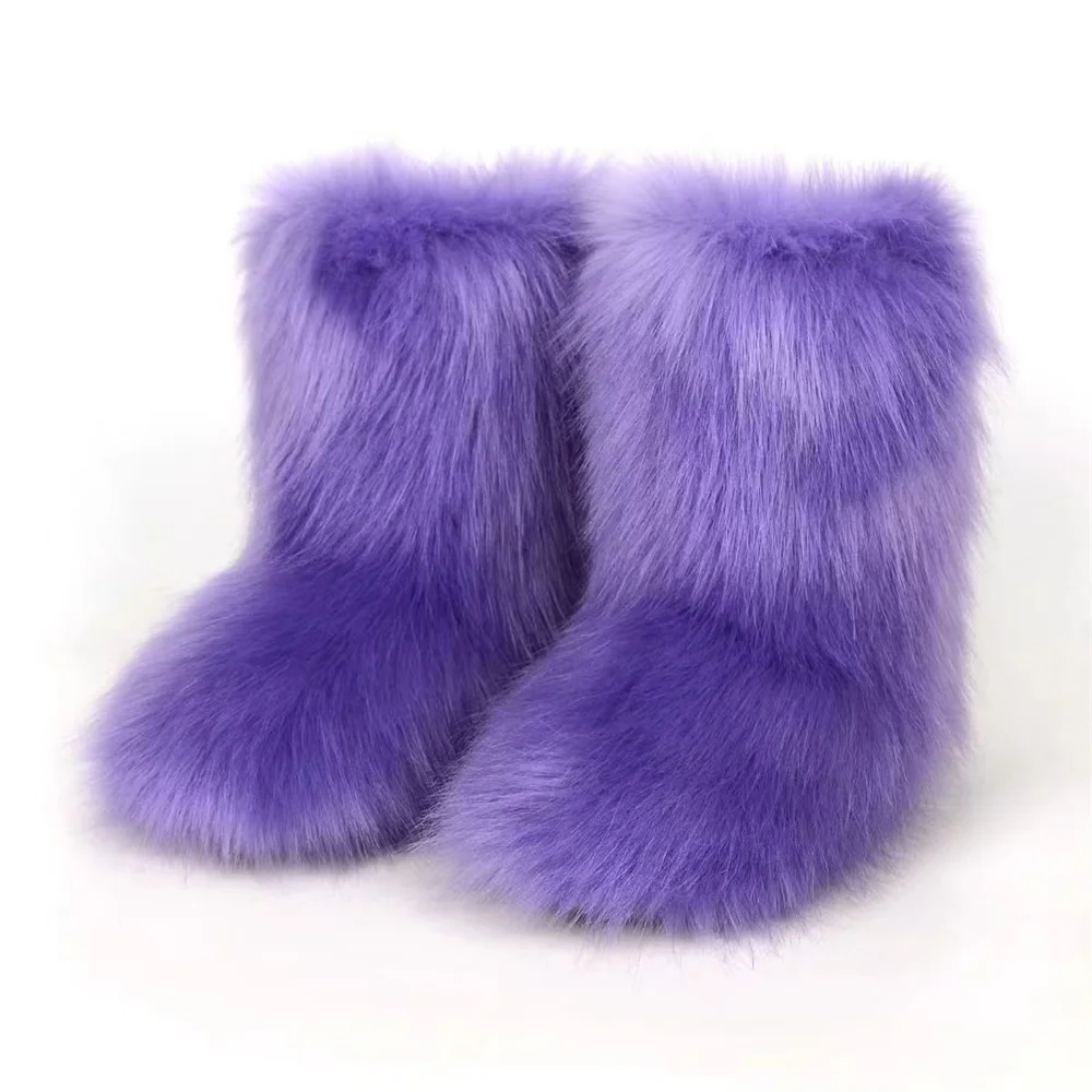 Winter Plüsch Fell Kinderstiefel Outdoor Flauschig Gefüttert Fuchsfell Mädchenstiefel Bunte Knöchel-Schneestiefel Warme Slip-On Kinderschuhe – Detail 9