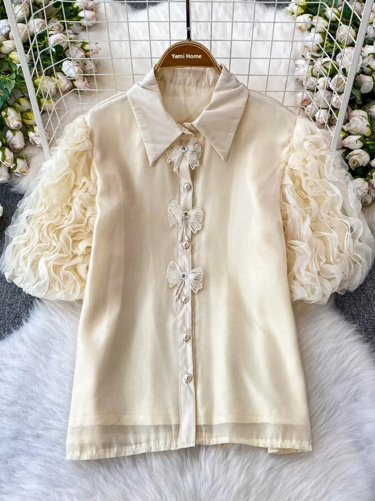 

Sweet Bule Turn-down Collar Bubble Sve irt Women's Summer New Sle Beautiful Personali Korean Loose Fit S...