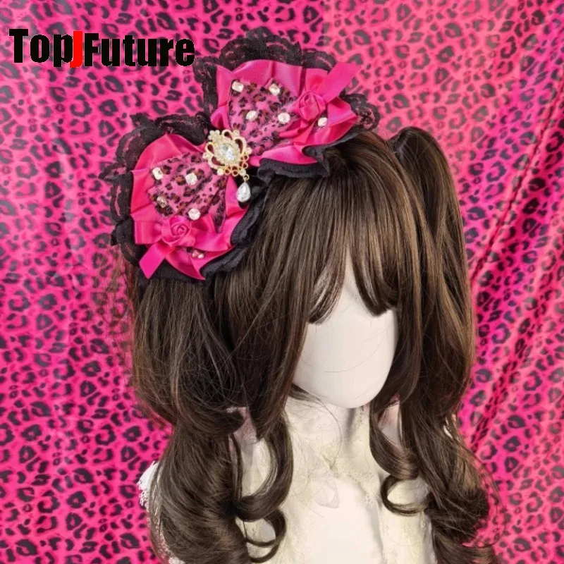 Image of Y2K Hime Gyaru Spicy Girl Polka Dot Leopard Print Spitze Rüschen Strass Schleife Haarspange Alternative Subkultur Haarnadel Haarklammern