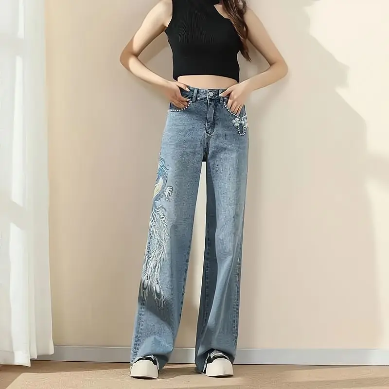 2023 New Phoenix Embroidery High Waist Wide Leg Jeans Pearl Inlaid Trousers Loose Casual Vintage Print Women's Pants