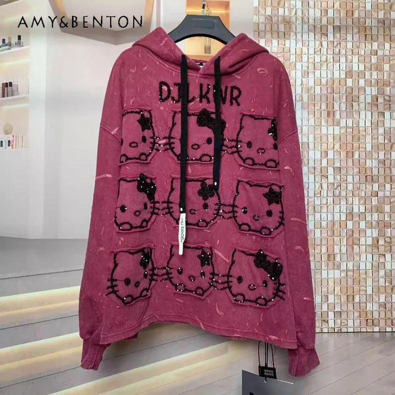 Fashion Brand Autumn Heavy Industry Cartoon Cute Sweet Oversized Loose Jacket Fashion Hooded Sweatshirt Top For Women's Hoodies