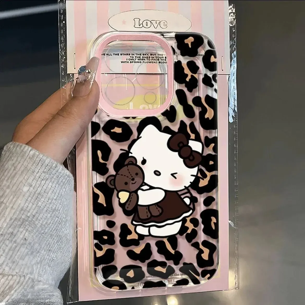 Ins Style Leopard Print Sanrio Hello Kitty Phone Case For iPhone 16 15 14 13 12 11 Pro Max XR XS Max 7 8 Plus Y2K Lucky Cover