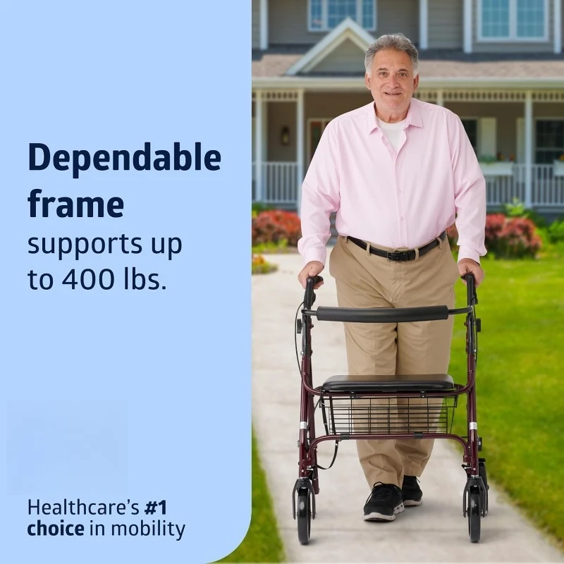 مشاية كبيرة جدًا من الألومنيوم بعرض للغاية مع مقعد، عنابي، 400 رطل. سعة الوزن، قابلة للطي، تحت المقعد S #2