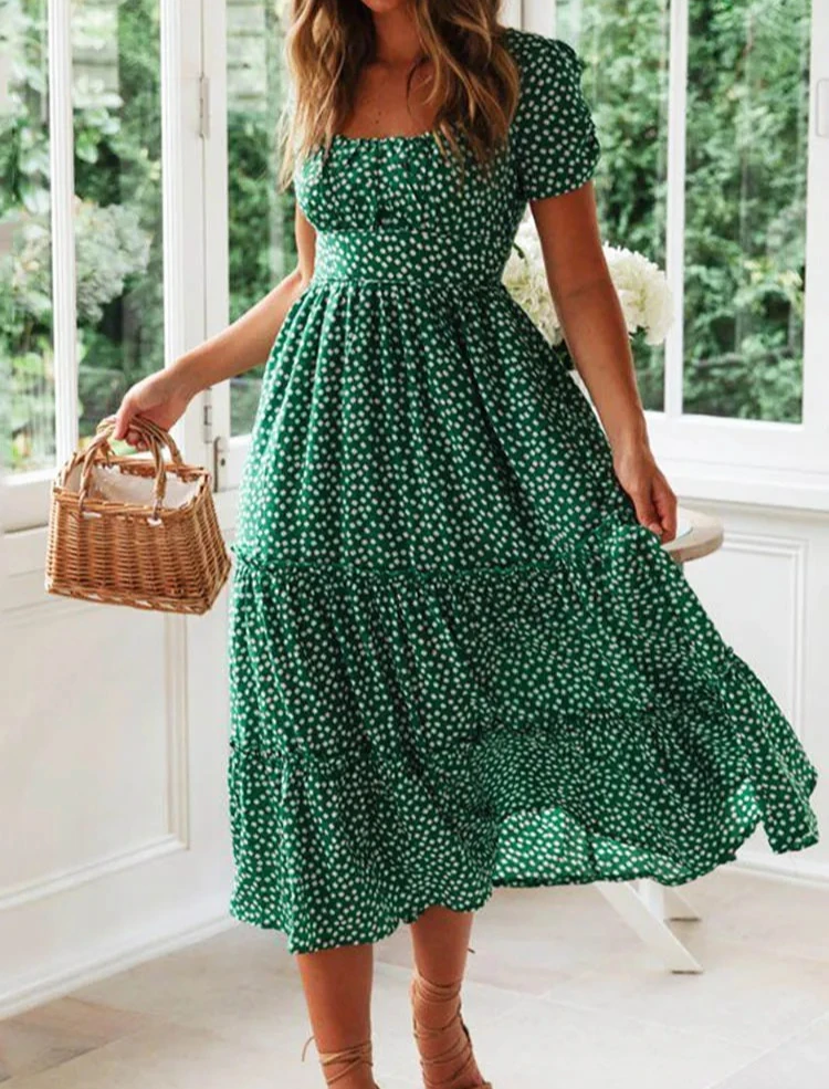 Vintage Vintage imprimé manches bouffantes été plage robes douces décontracté col carré floral maxi longue robe