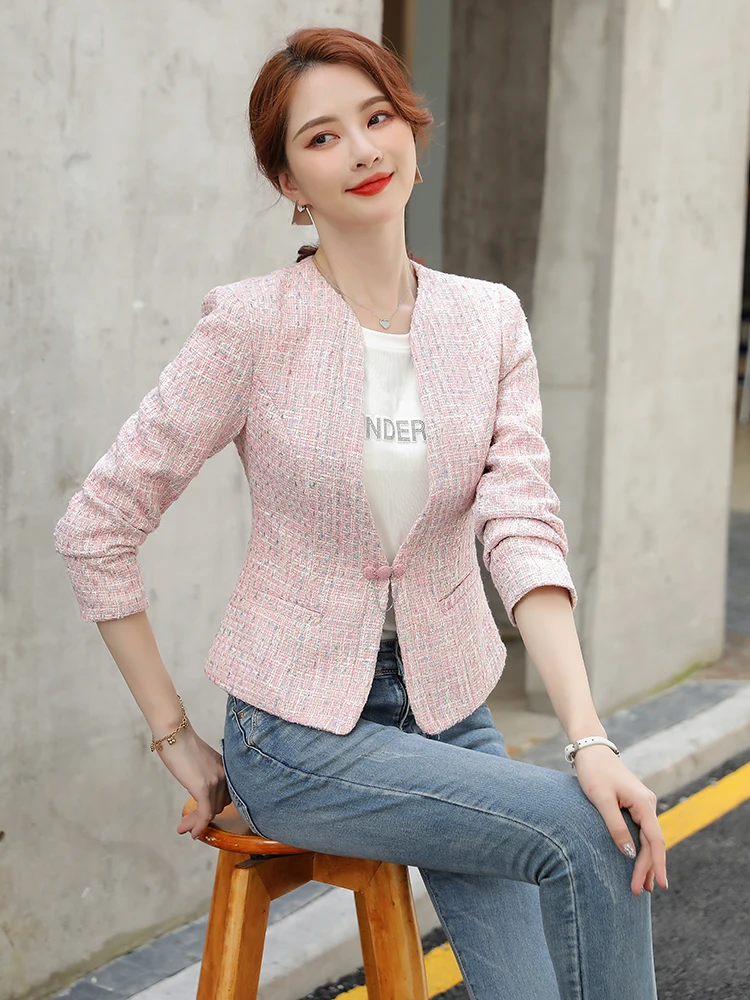 Elegant Pink Blue Plaid Ladies Blazer Women Female Long Sleeve V-Neck Slim Casual Jacket Coat For Spring Autumn