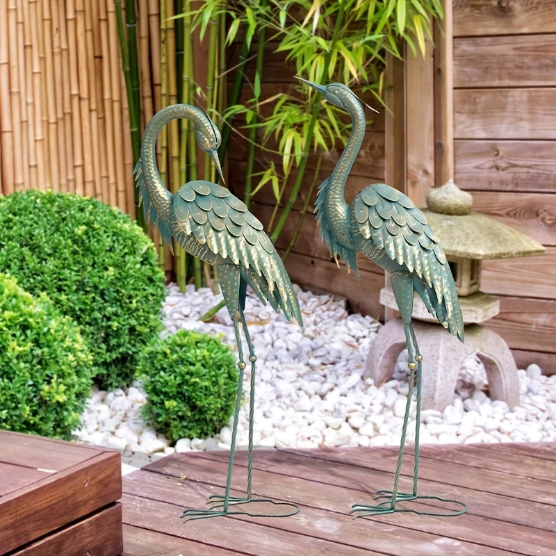 Metal Garden Crane Statues, Outdoor Preening Crane Garden Statue, Cyan Standing Sculptures For Yard Lawn Pond