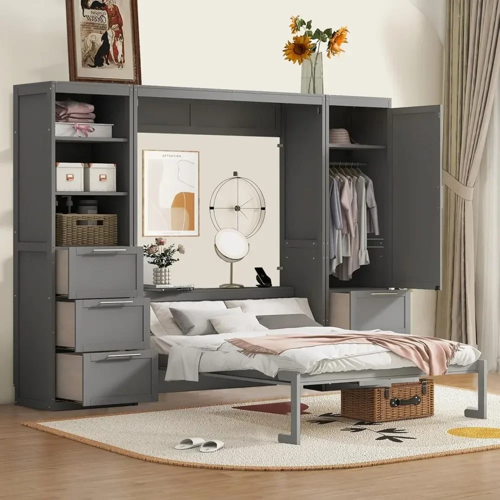 Queen Size Bed, Wooden Wall Bed with Shelves,bed, which easily folds into a cabinet,Gray  bed frame queen   cama