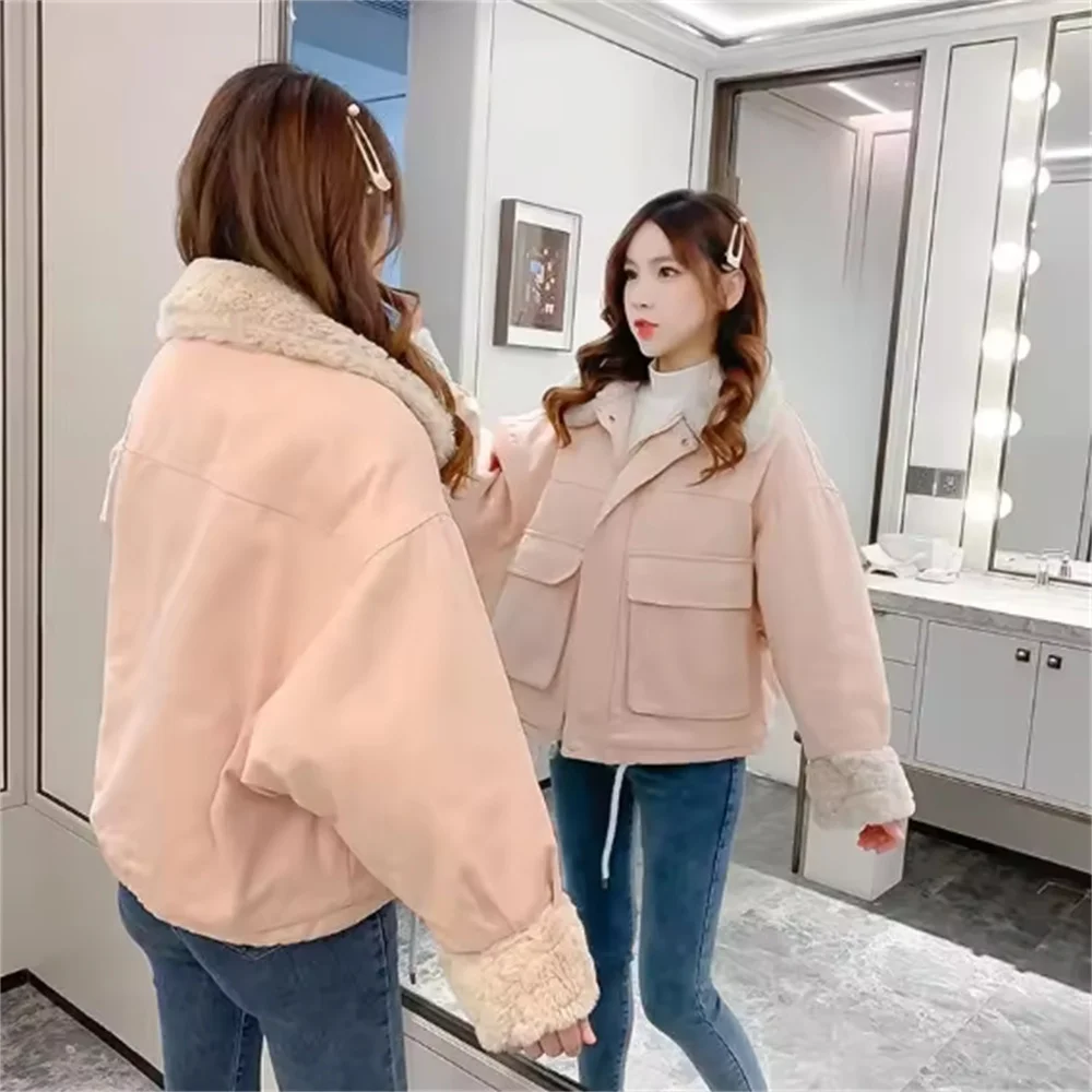 2025 New Winter Short Cotton Jacket Women Stand Collar Imitation Lamb Wool Coat Thick Korean Loose Student Padded Clothes Pocket