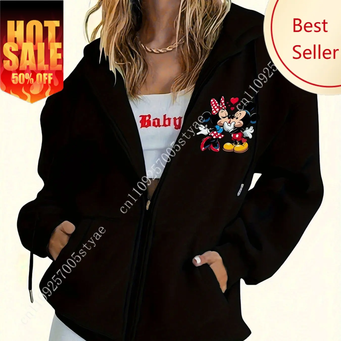 

Women's Disney Mickey Mouse Zipper Fashion Sweatshirt Streetwear Oversized Unisex Autumn and Winter Fleece Casual Versatile