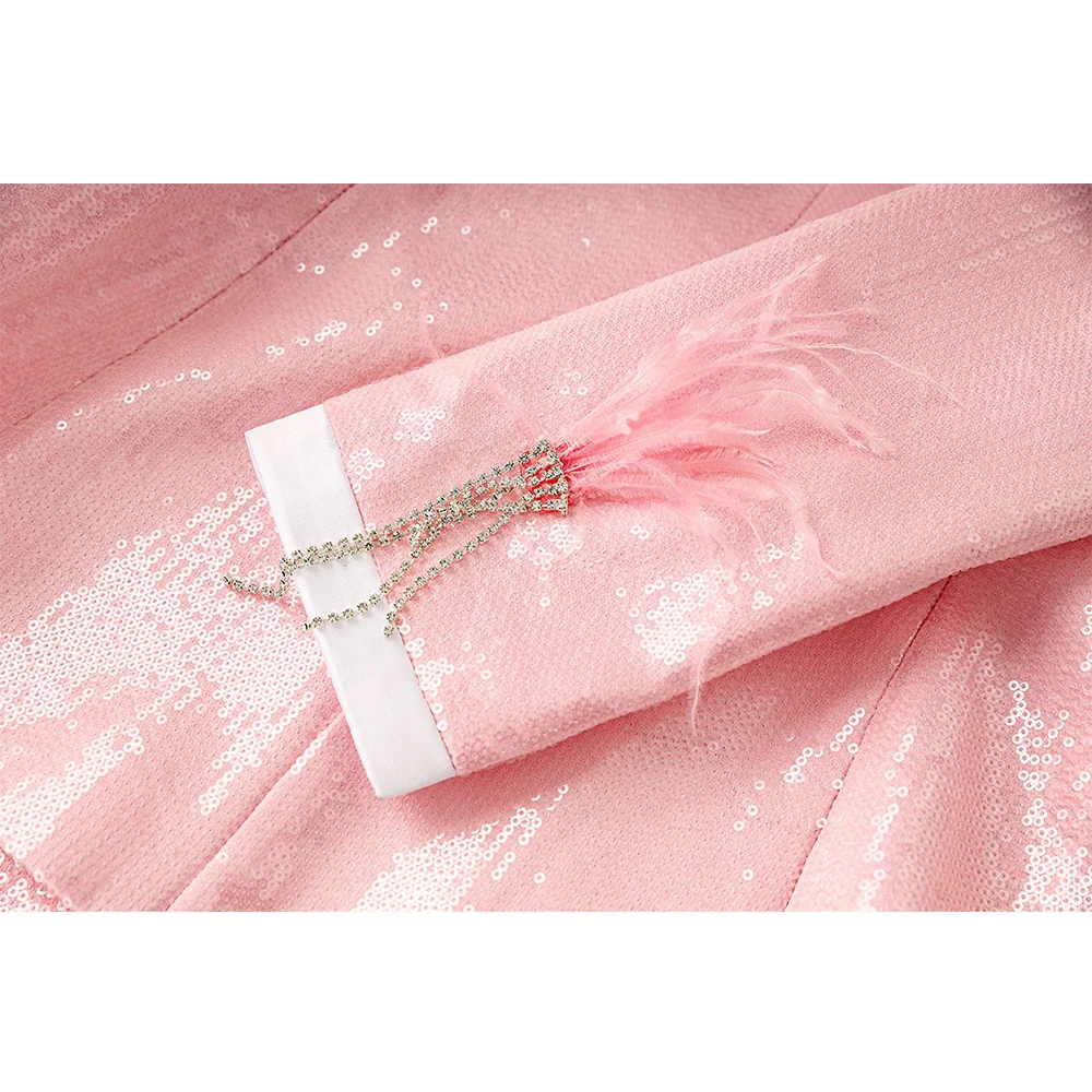 Splendido Costume Baby Pink Sparking paillettes Feather Patchwork Fancy Stones giacche da festa di lusso da donna blazer da donna