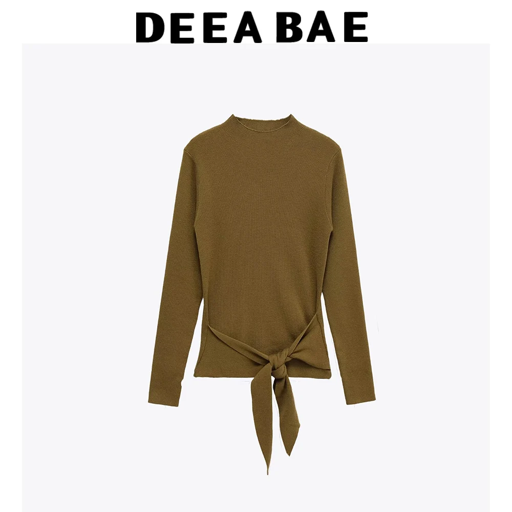 

DEEABAE 2025 Autumn New Product Women's Solid Color Slimming Knot Decoration Stand Collar Long Sleeve Knitted Shirt