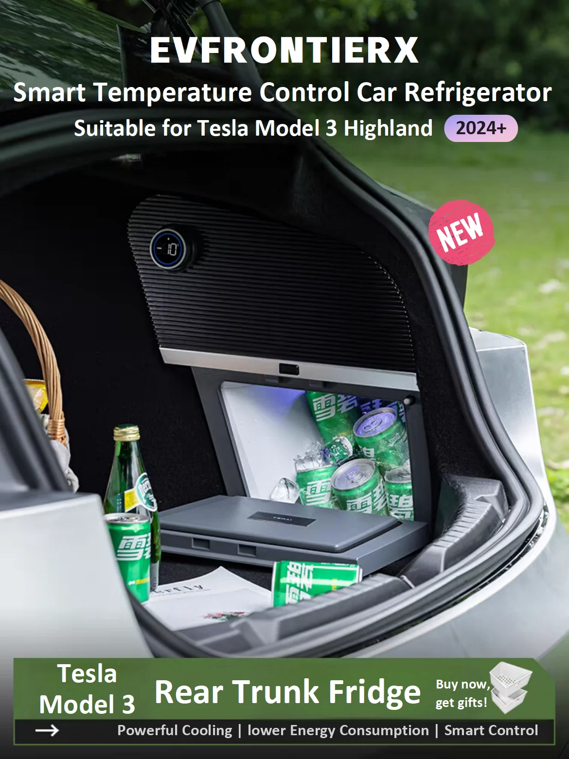 Car Refrigerator for Tesla Model 3 Highland 2024 - 2026 10L Portable Trunk Fridge -10℃ Compressor Cooling Outdoor Camping Travel