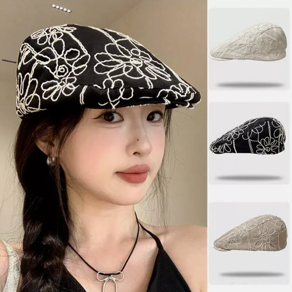 

Embroidery Flower Beret Hats Spring Autumn Female Trendy Camellia Painter Caps Woman Vintage Beret Sun Hat Flat Cap Y2k 2024