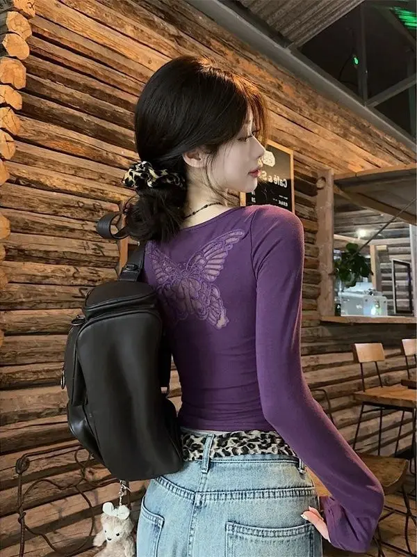 

Hollow Butterfly Long-sleeved T-shirt for Women in Autumn and Winter Modal Inner Wear Slim Lace Splicing Base Top
