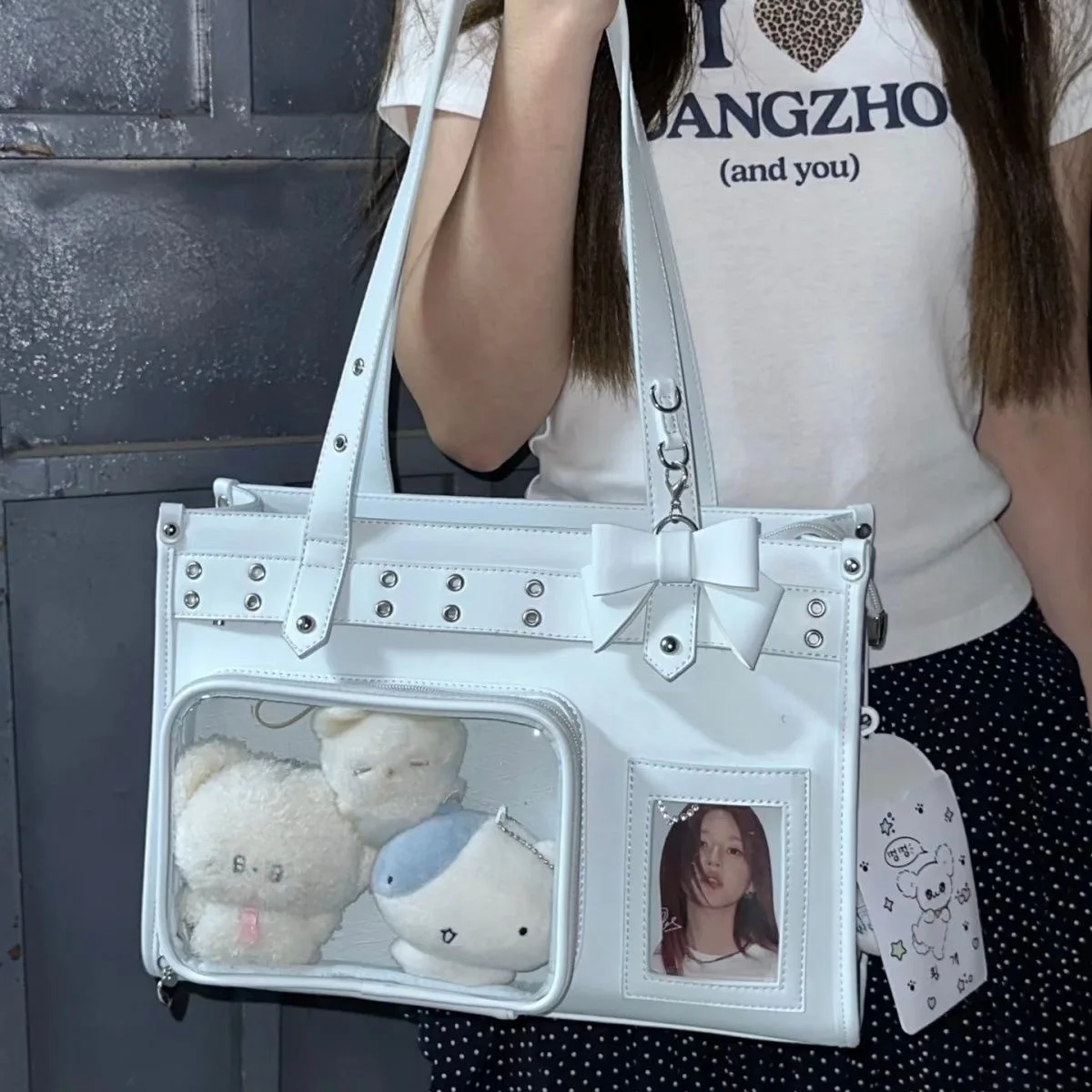 Ita Bag for Women Large Capacity Shoulder Crossbody Handbag Transparent Pocket Cartoon Printing PU Leather Black White Silver Da