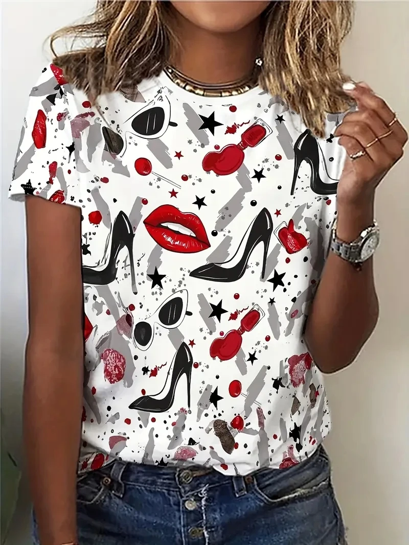 

Ladies' Plus Size 3D Printed Short Sleeved T-shirt, Loose and Casual, Soft, Comfortable and Breathable, Suitable Outdoor Sports