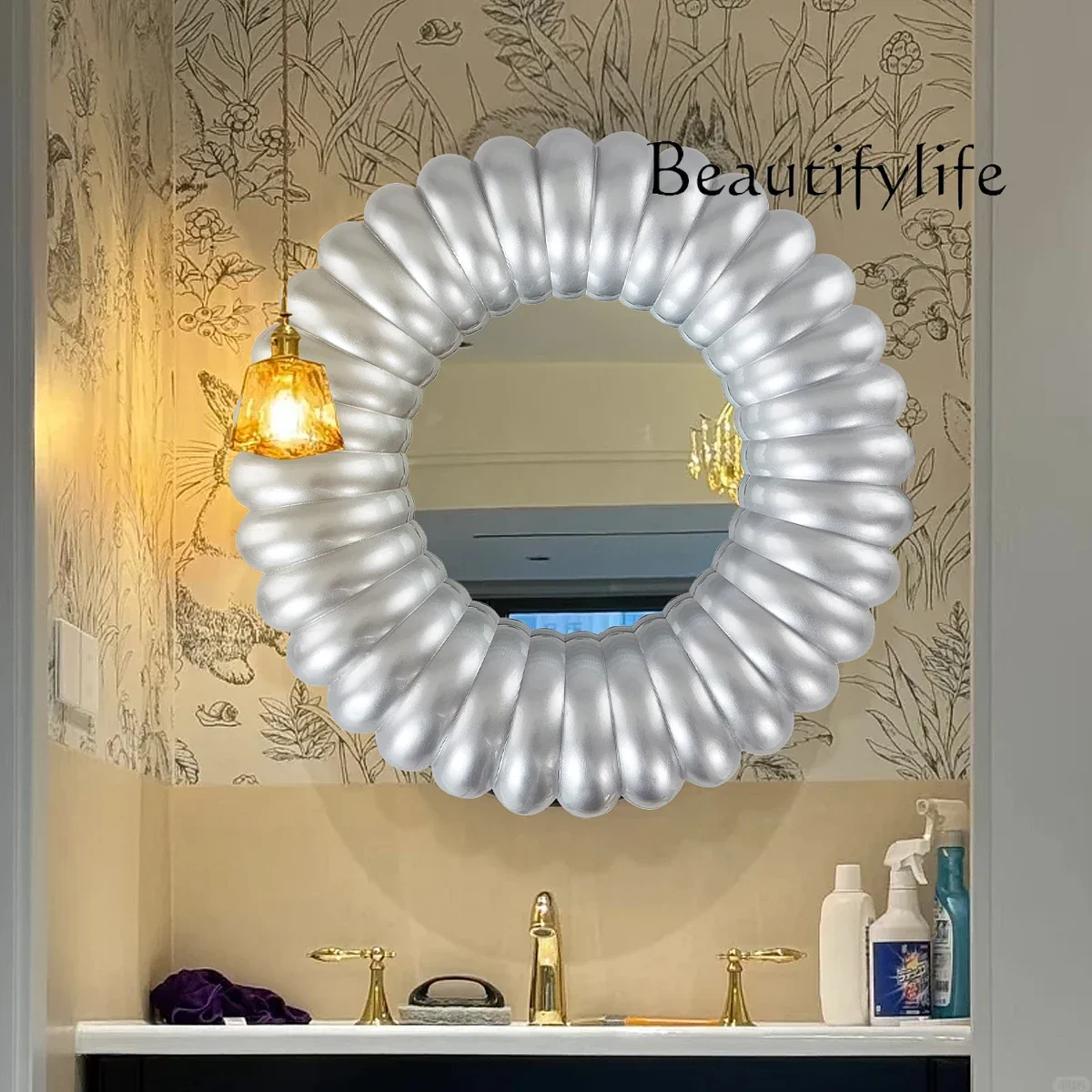 MM European round bathroom mirror wall hanging light luxury washing mirror household entrance decorative mirror advanced sense