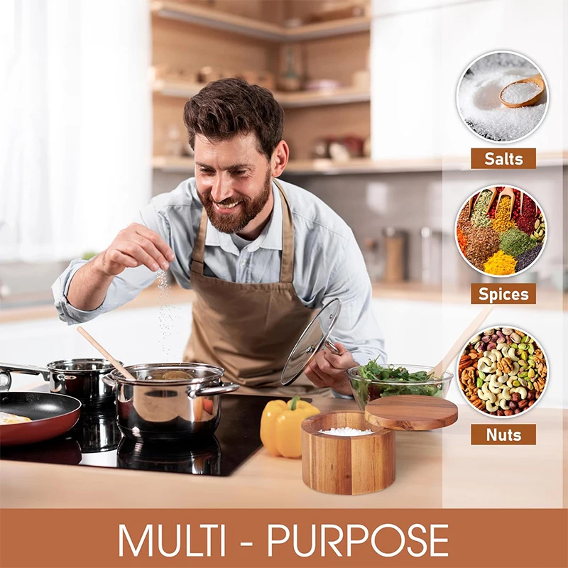 صندوق وعاء ملح وفلفل من خشب السنط مع غطاء وملعقة قبو ملح السنط مع 360 درجة °   حاوية توابل ذات غطاء دوار JT509