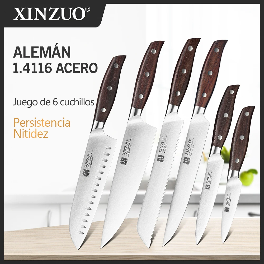 XINZUO-herramientas de cocina, juego de cuchillos de cocina de 6 uds., cuchillo de Chef, cuchillo para pan, juegos de cuchillos de acero inoxidable alemán de alto carbono