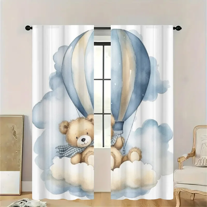 Cute Teddy Bear Hot Air Balloon Cloud Curtains Nursery Decor Rod Pocket Window Panel Translucent Watercolor Kids Kids Room Whims