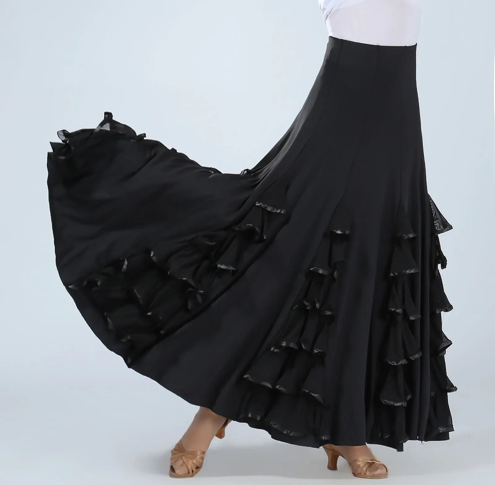 Women Modern Dance Skirt Long Ruffle Ballroom Skirts Standard Flamenco Dance Costume Spanish Flamenco Dress Waltz Skirt