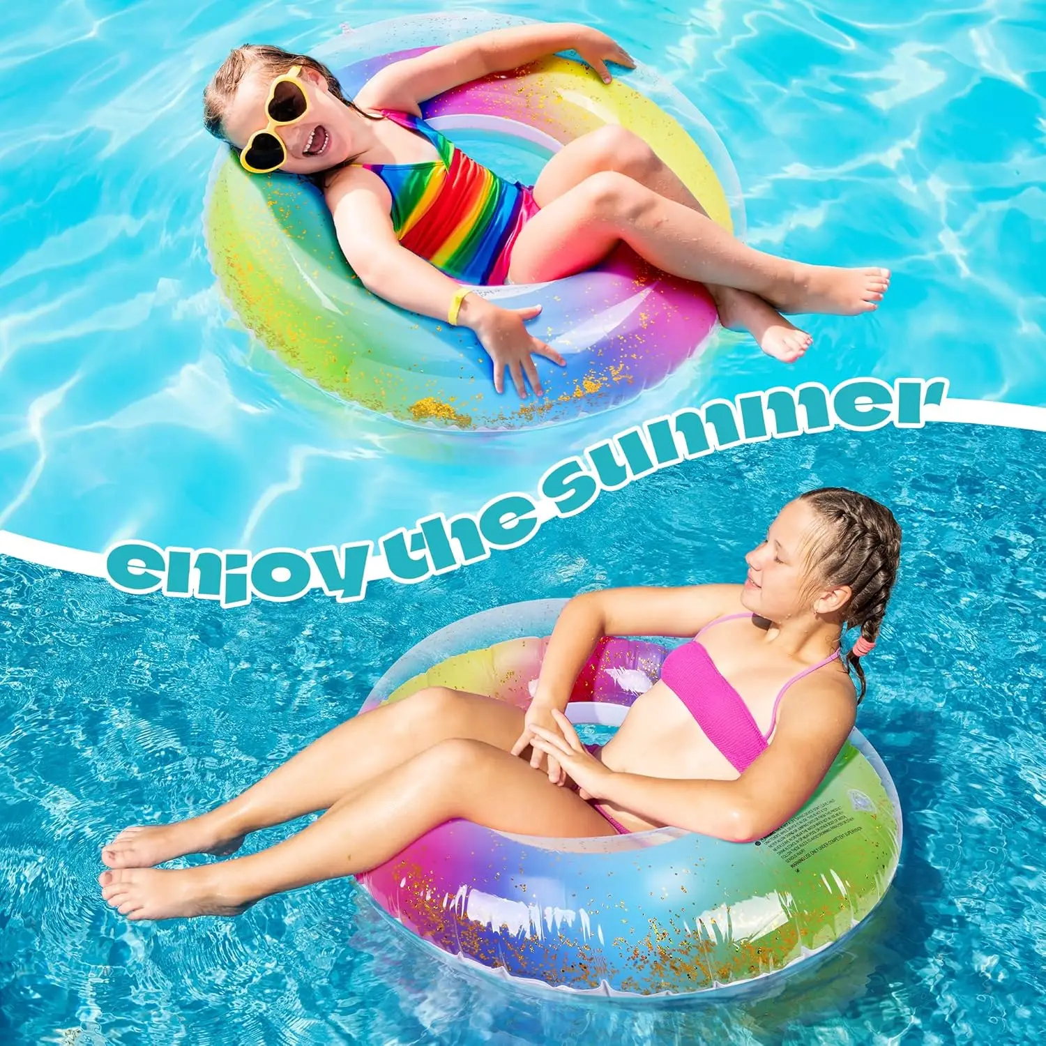 8 pièces 36 pouces flotteurs de piscine gonflables Tubes de piscine à paillettes colorées anneau de natation Transparent flotteurs de piscine jouet pour la plage d'été