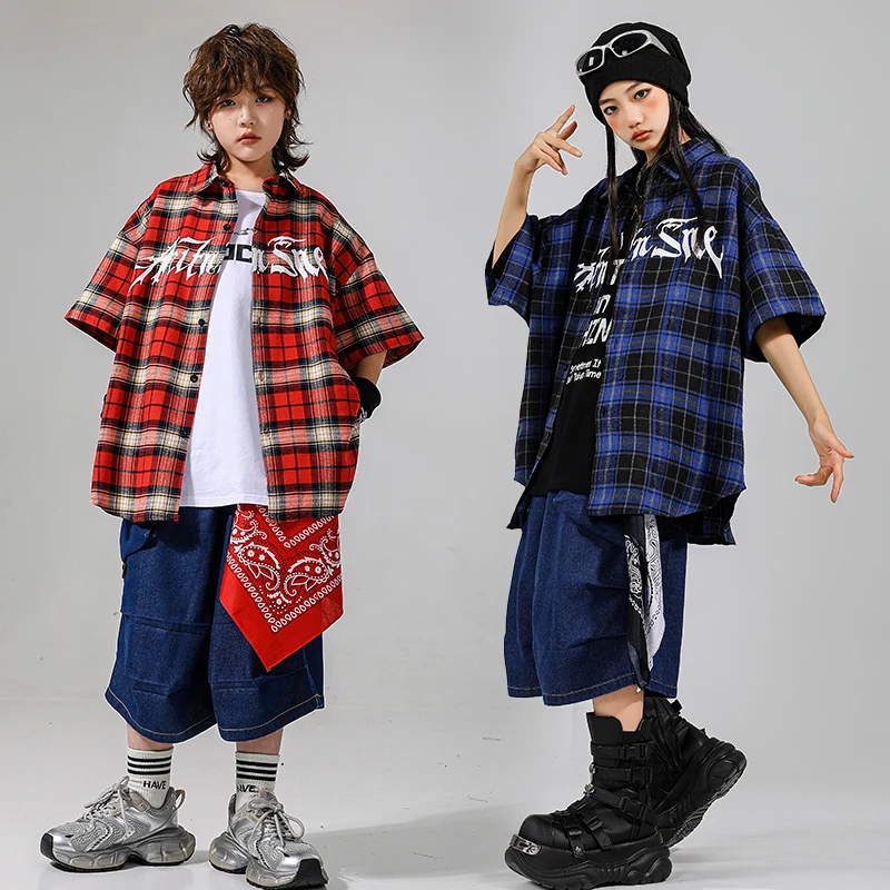 Jungen Hip Hop Lose Kariertes Hemd Cargo-Shorts Mädchen K-pop Street Dance Kleidung Kinder Streetwear Kinder Jazz Sommer Kleidung set