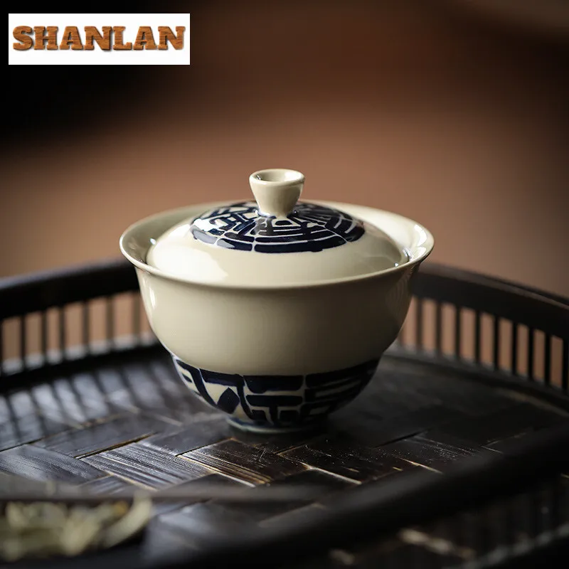 

100ml Retro Grass Wood Ash Gaiwan Aesthetic Hand-painted Five Blessings Tea Tureen Tea Brewing Cover Bowl Teaset Tableware Craft