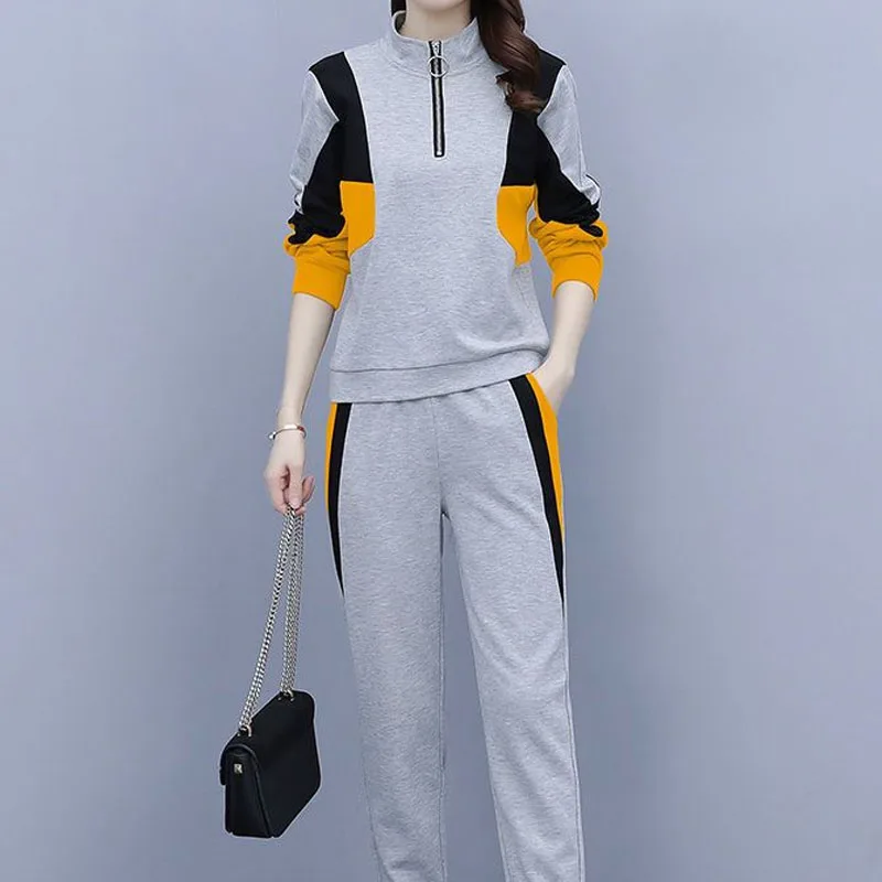 

Модный комплект из двух предметов контрастных цветов для женщин, свободный воротник-стойка, топы на молнии, женская одежда, комплекты брюк JJ874