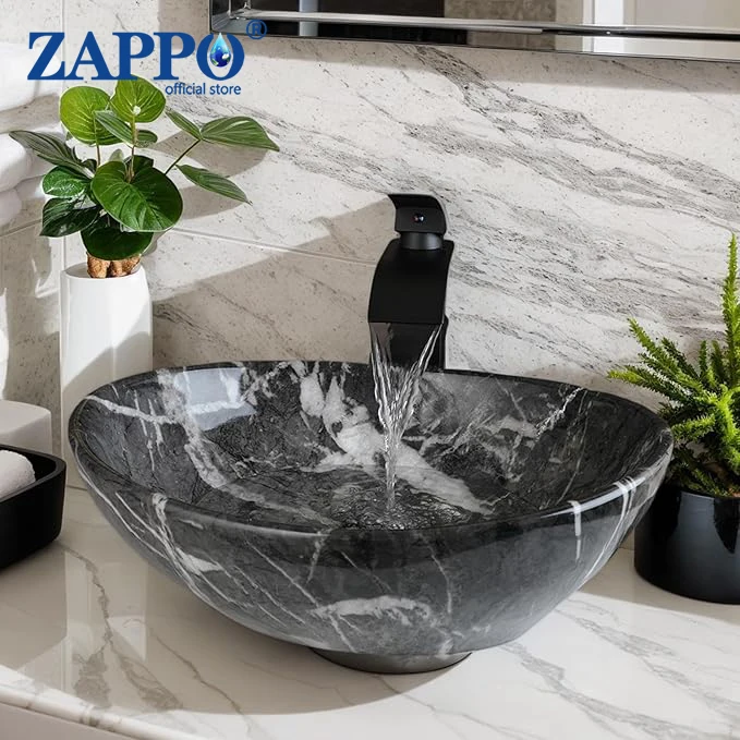 

ZAPPO Marbling Rectangle Vessel Sink with Faucet Drain Ceramic Vessel Sinks Oval Bathroom Sink Bowl Above Counter with Mixer Tap