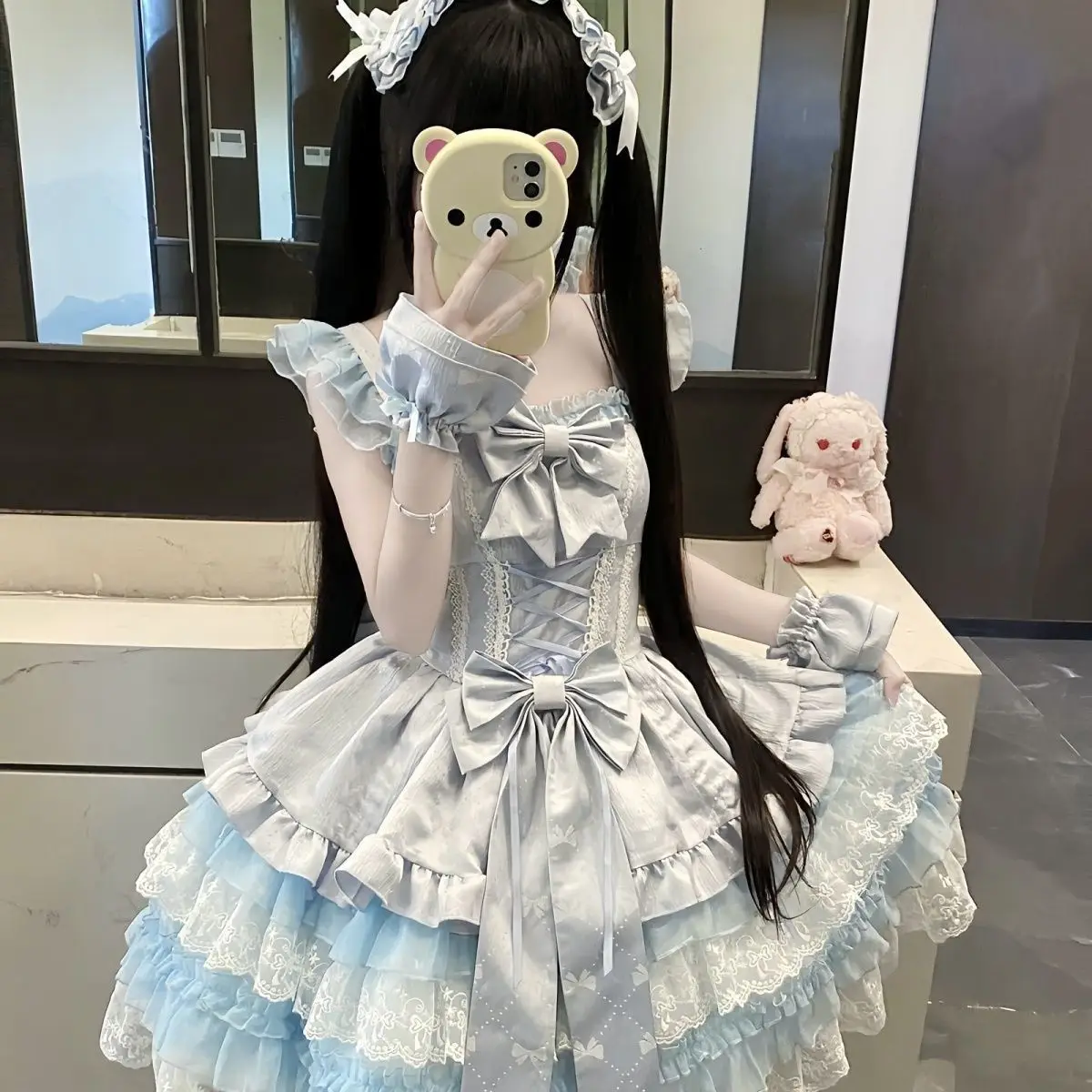MAGOGO Blue Sweet Lolita Princess Dresses JSK Women Slim-Fit Elegant Lace Bow Tail Birthday Dress Y2k Ballet Style Mini Dress