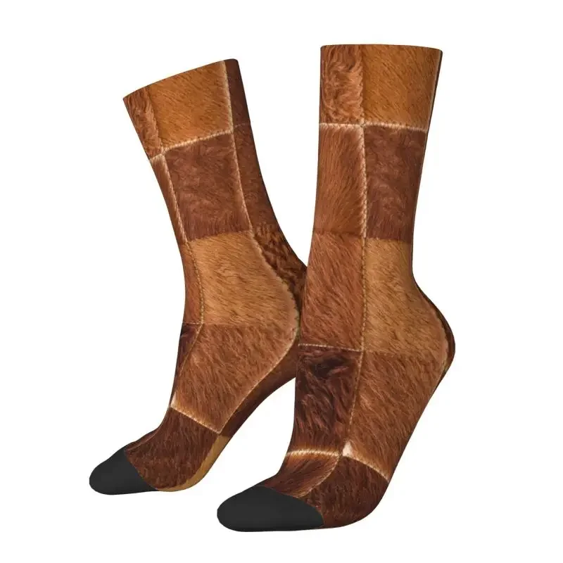 Brown Checkered Cowhide Patche Men Crew Socks Unisex Novelty Animal Fur Leather Texture Spring Summer Autumn Winter Dress Socks