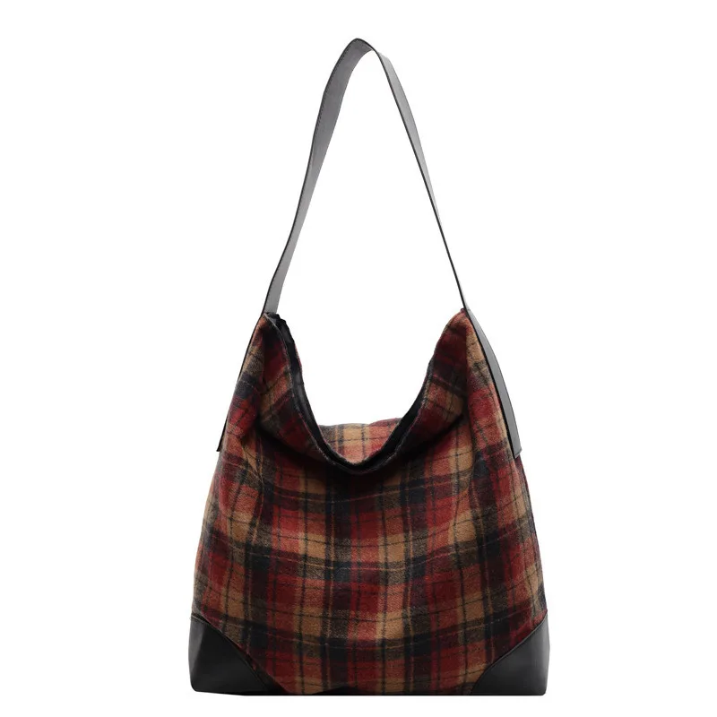 

Woolen Plaid For Women's Autumn And Winter New Trend Korean Tote Bag College Style Casual Large Capacity Bag Women's Handbag