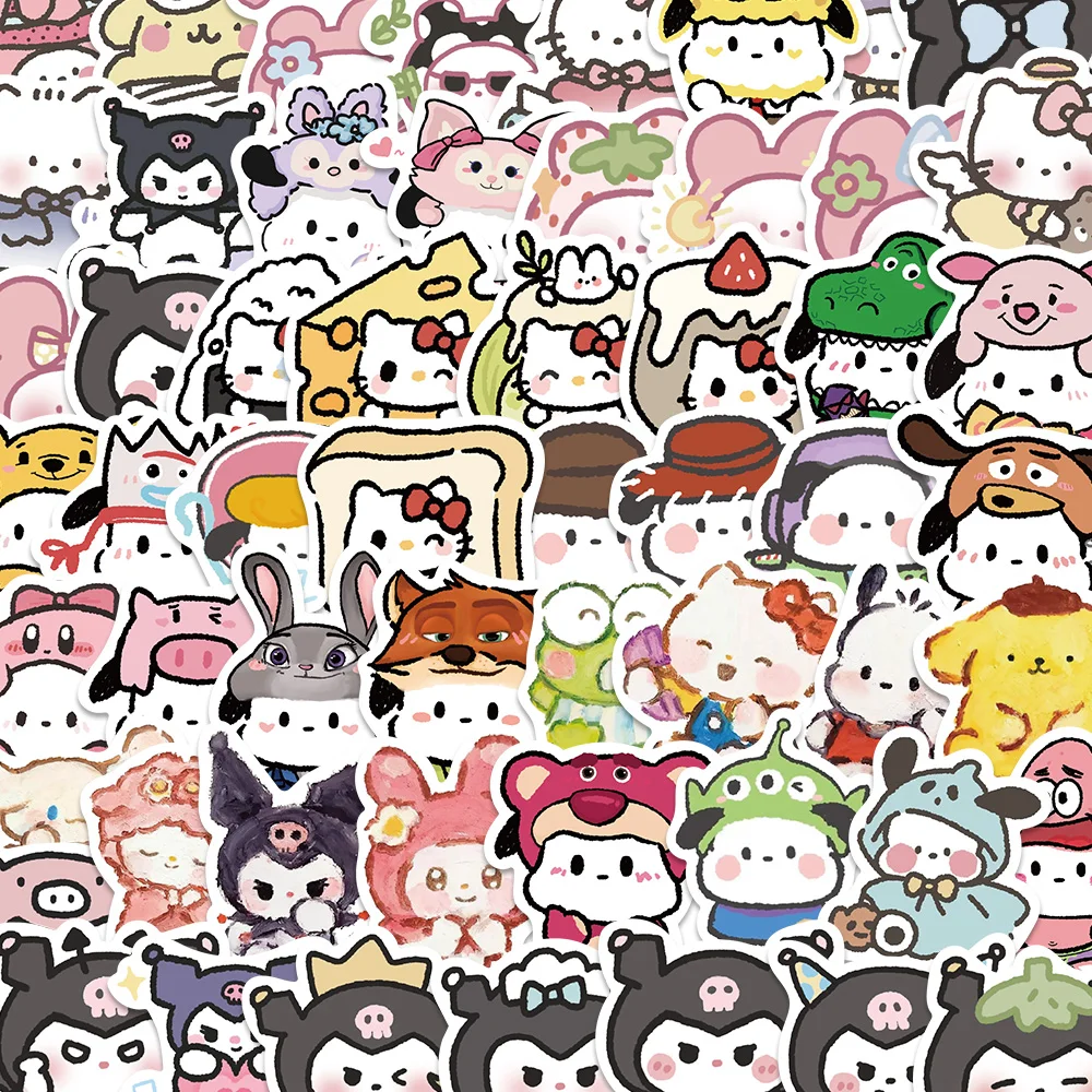 56pcs Sanrio Hand-painted Mini Kitty Kuromi Cinnamoroll Cute Stickers Cartoon Diary Notebook Decoration Pink Girl Gift Stickers