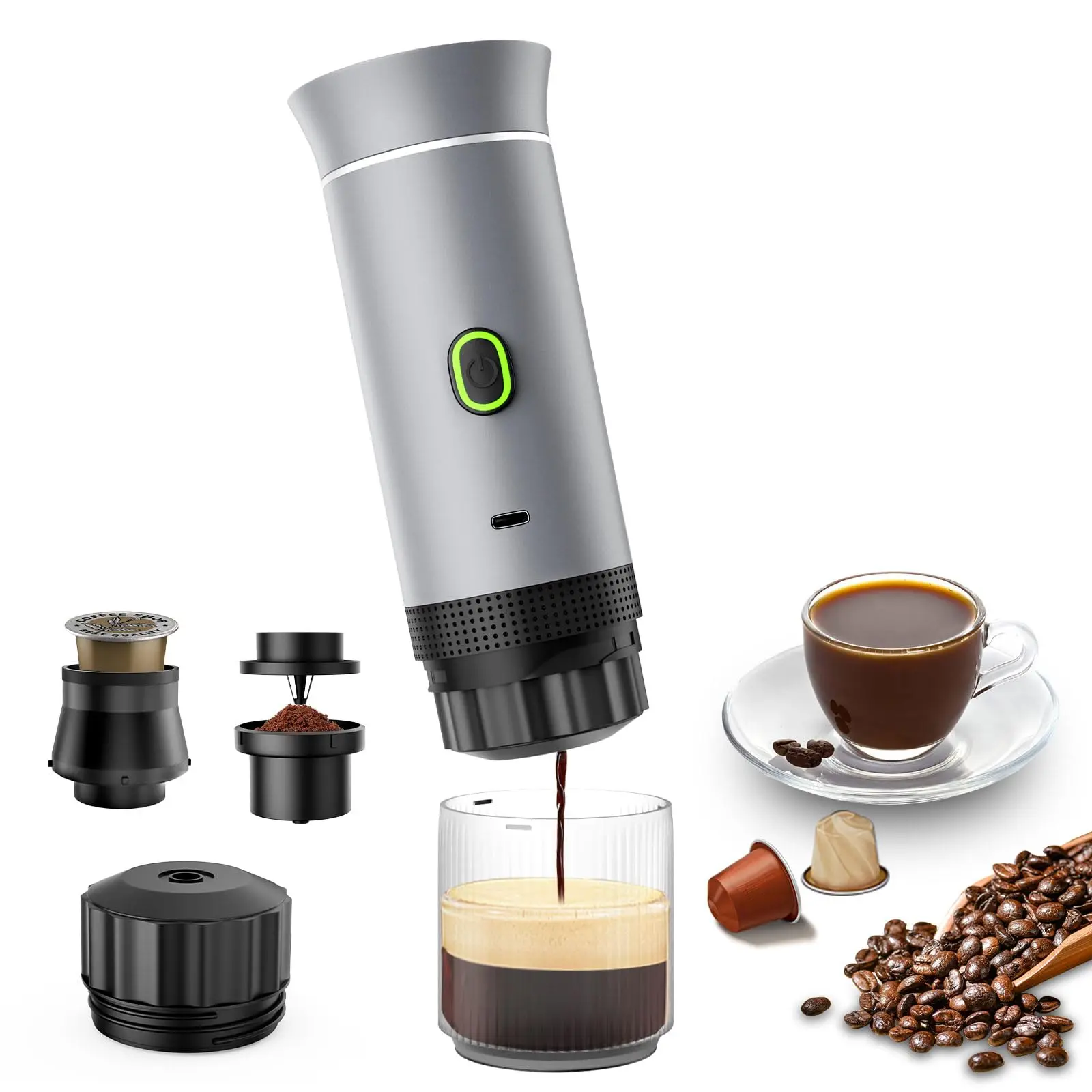 

Portable Machine, Mini Coffee Maker for Travel, Self-Heating Car Coffee Maker with USB-C, Small Espresso Machine with Ground Cof