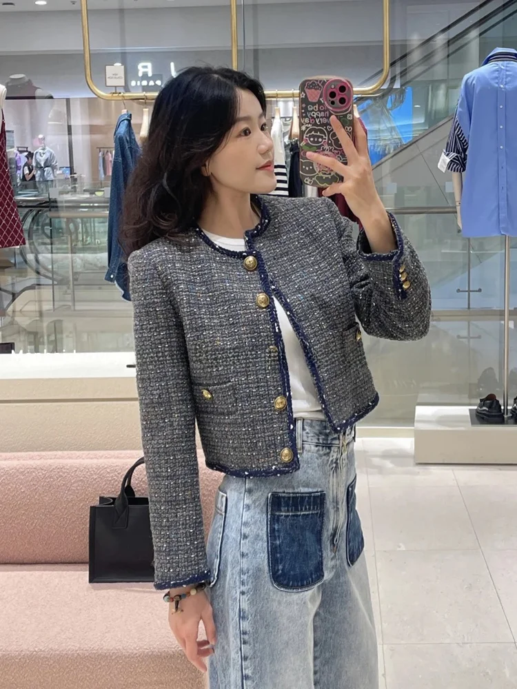 

S-Home Autumn New Retro Ele ort Cardigan Coat Thiened Tweed Plaid Versatile Commute Sle Button round Ne Long Sve