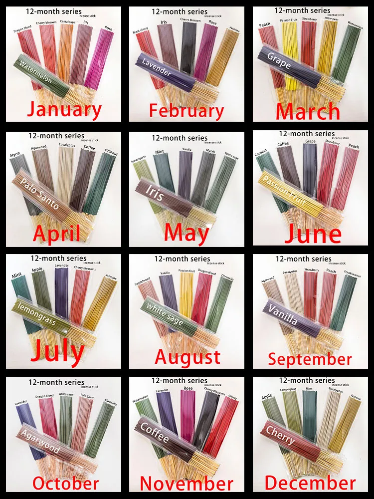 126 Pieces/6 Sets, 12-Month Seasonal Series Combination Set of 22cm Incense Sticks, Including Sandalwood, Agarwood, Dragon's Blood, Cherry, Rose, Jasmine, Watermelon, Strawberry, Cherry, Passion Fruit, Iris, Lavender,