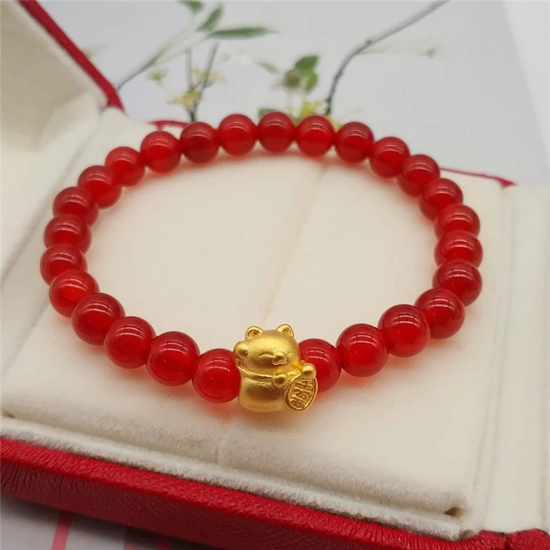 1PCS Pure 24K Yellow Gold Jewelry Real 24K Yellow Gold Bracelet For Women Luck Cat Red Agate 6mm Red String Bracelet