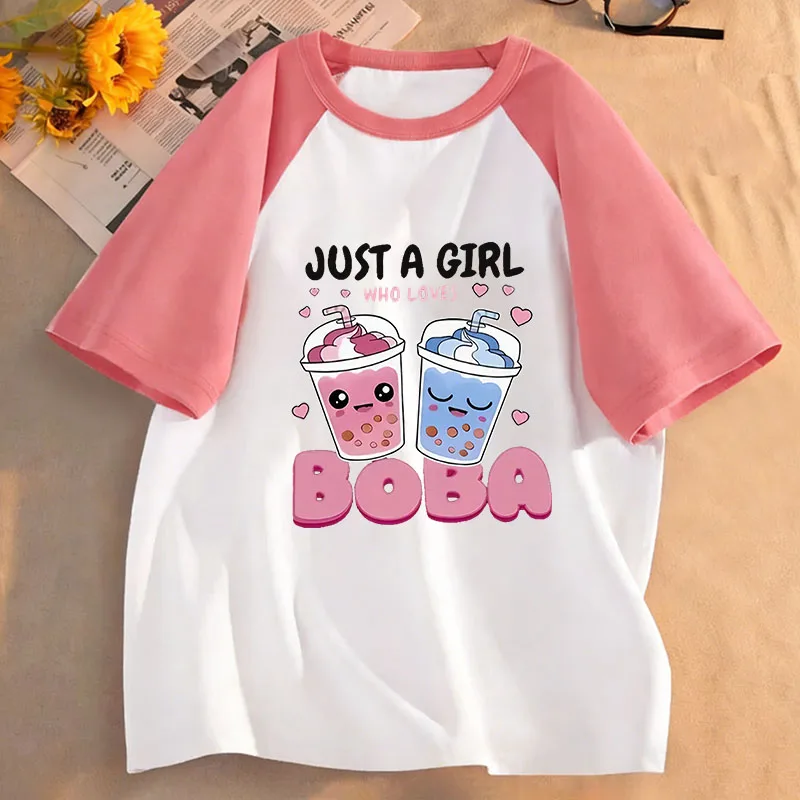 Camisetas con estampado gráfico de Just A Girl Who Love Boba para niños, camisetas de manga corta de verano, ropa para niñas, camisetas Kawaii Y2K para niños