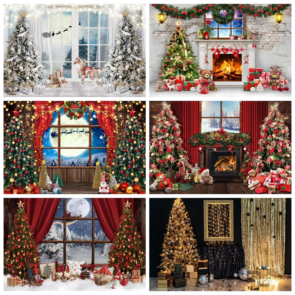 크리스마스 배경 창 벽난로 반짝이 나무 선물, 아기 초상화 사진 배경, 파티 장식, 사진 스튜디오 포토콜