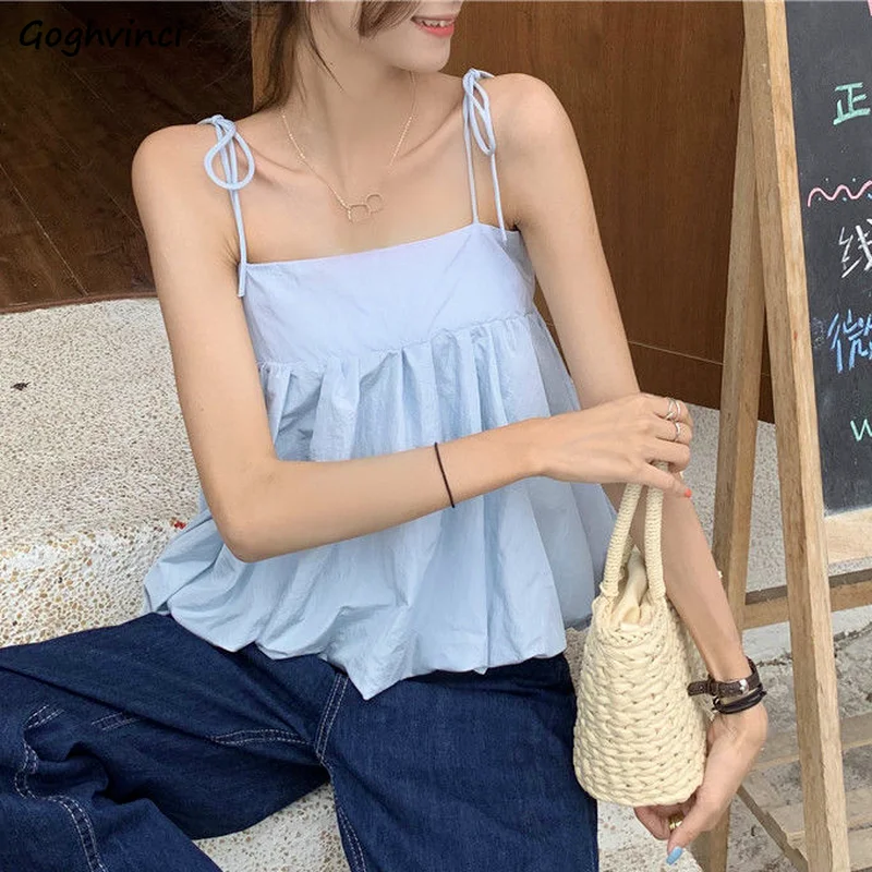 Blue Camisoles Women Backless Fresh Basic Sleeveless Tees Bandage Summer Camis Girls Ulzzang Tank Tops Fashion All-match Mujer