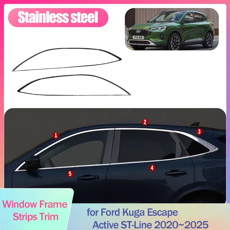 Window Frame Strips Trim for Ford Kuga Escape Active ST-Line 2020~2025 Cover Black Silver Stainless Steel Car Accessories