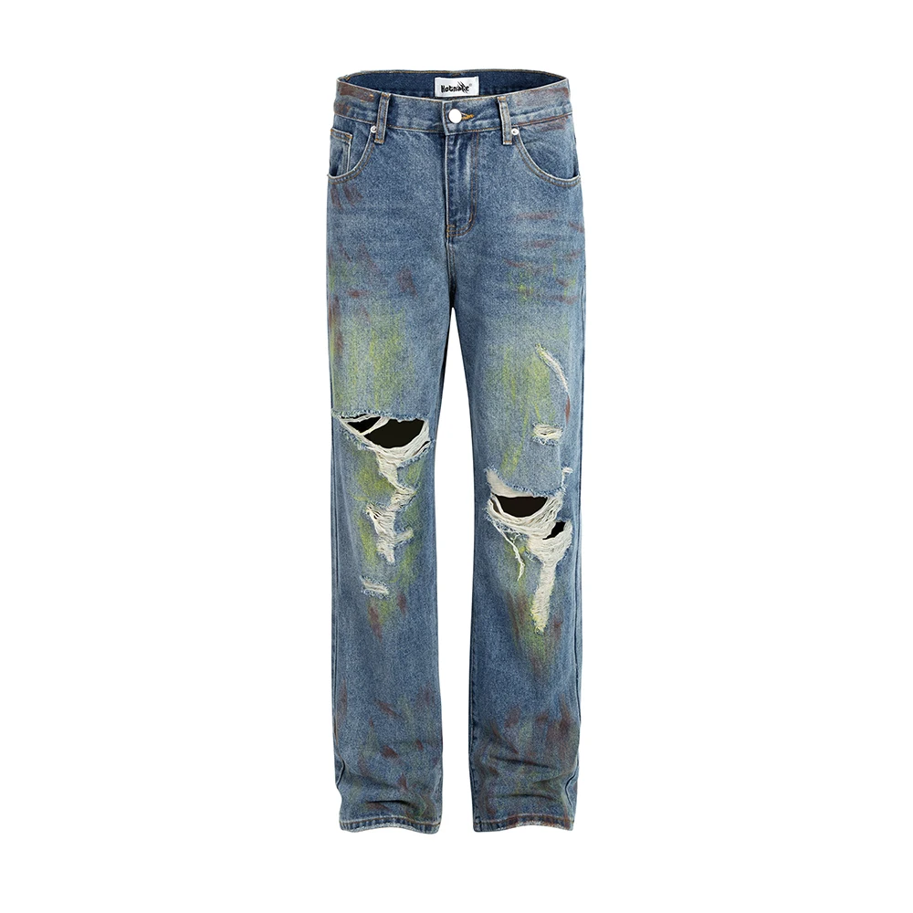 

Green Painted Hole Washed Blue Baggy Jeans Mens Streetwear Distressed Casual Loose Denim Trousers Ropa Hombre Frayed Cargo Pants