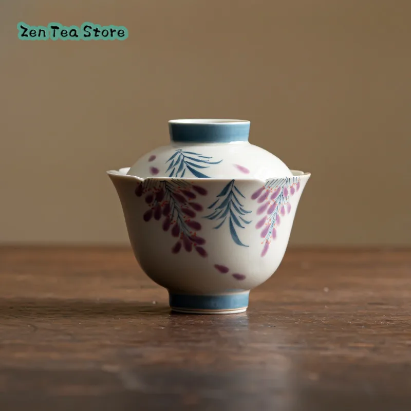 Pure Hand-painted Wisteria Cover Bowl Chinese Retro Underglaze Color Trumpet Tea Infuser Household Ceramic Kung Fu Tea Set