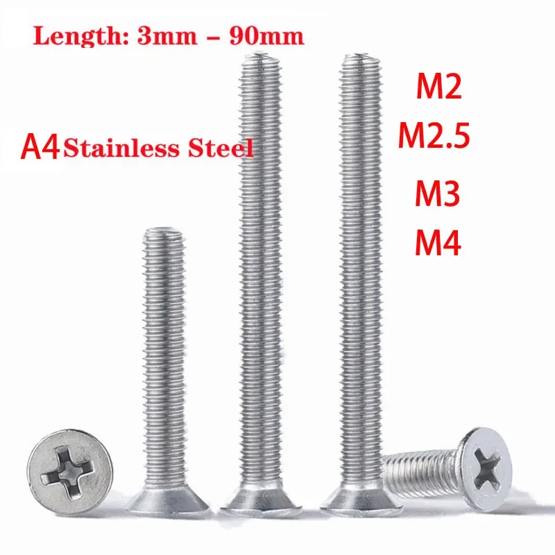 

100/50/30/20/10/5/2pcs 316 Stainless Steel A4 Cross Phillips Bolt Screw Countersunk Head Flat Screws M2 M2.5 M3 M4 L 3mm to 90mm