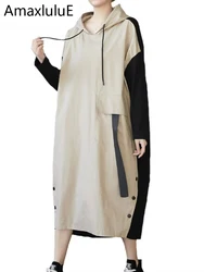 Amax luluE 2025 Womens Hooded Patchwork Loose Dress New 2024 Summer British Style Buttons Vintage Street Vestidos Casual Dresses
